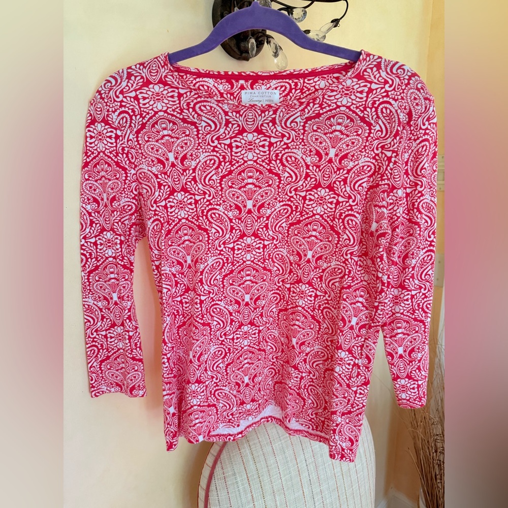 Charter Club Petit Pink and White Paisley Pattern Fitted 3/4 Sleeve Petite Tee